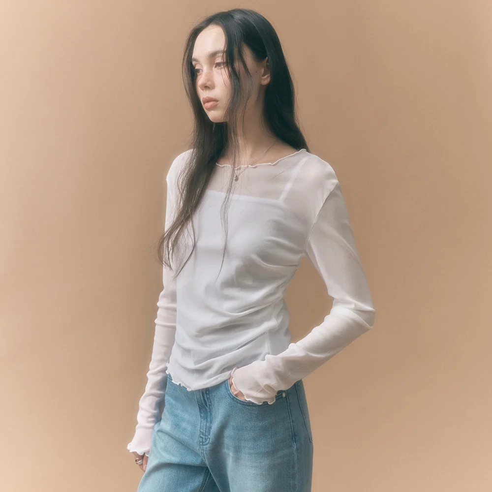 側邊 抽褶 網布 長袖 象牙色 MDTS061IVORY
