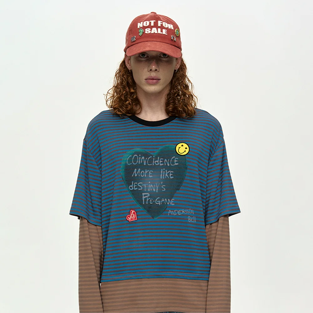 (ESSENTIAL) HEART MESSAGE STRIPE LAYERED L/S T-SHIRT atb1430m(BLUE)