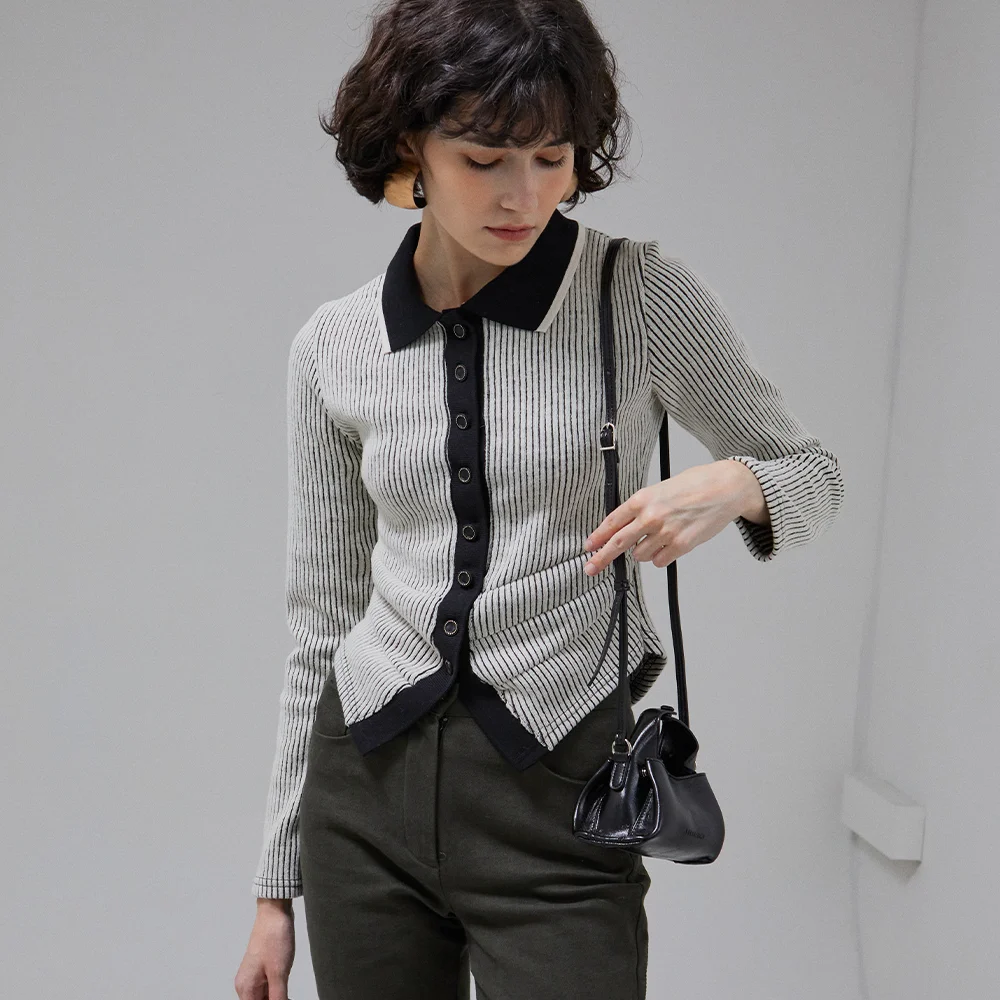 Stripe Cutting Line Wool Cardigan