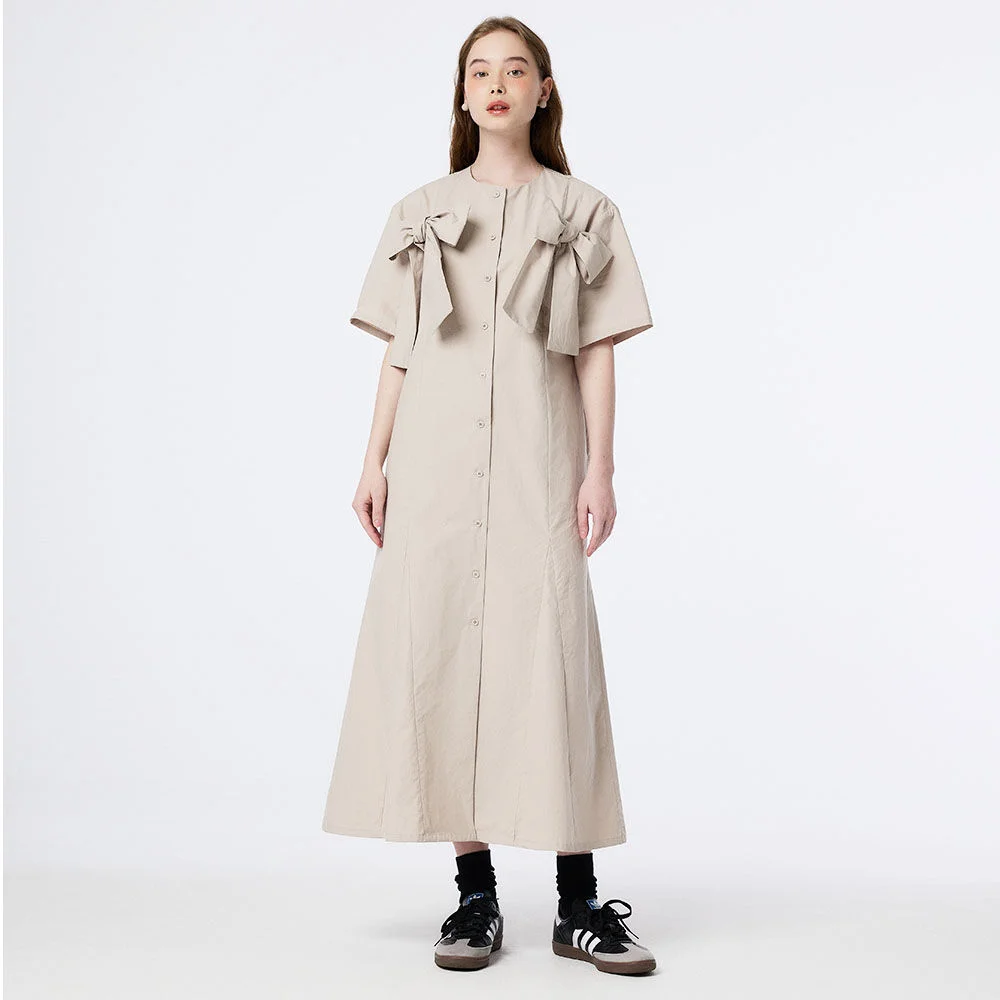 RIBBON POINT GORED FLARE SHIRT DRESS (BEIGE)