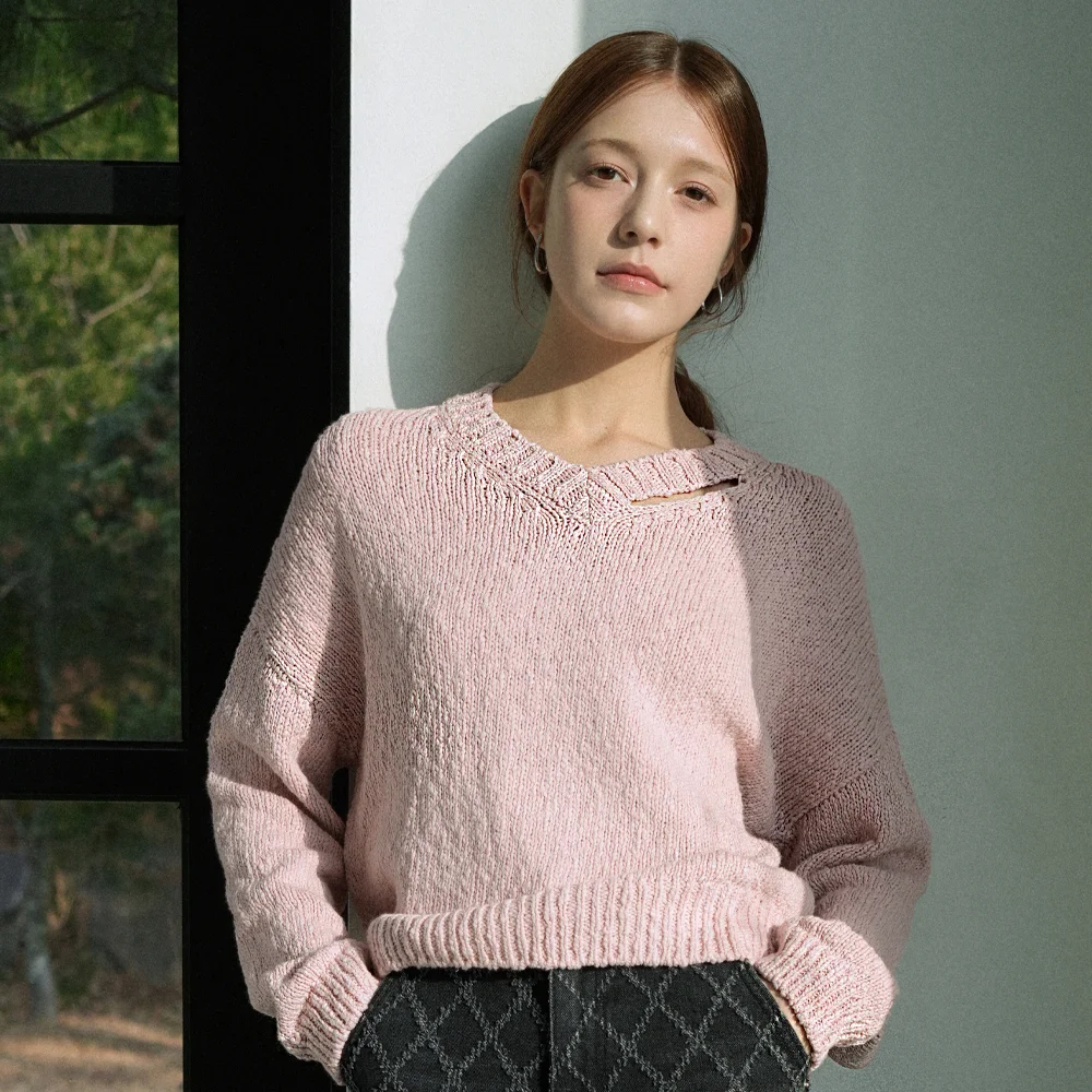 Cotton Slavic V-neck Cutting Knit (Pink)