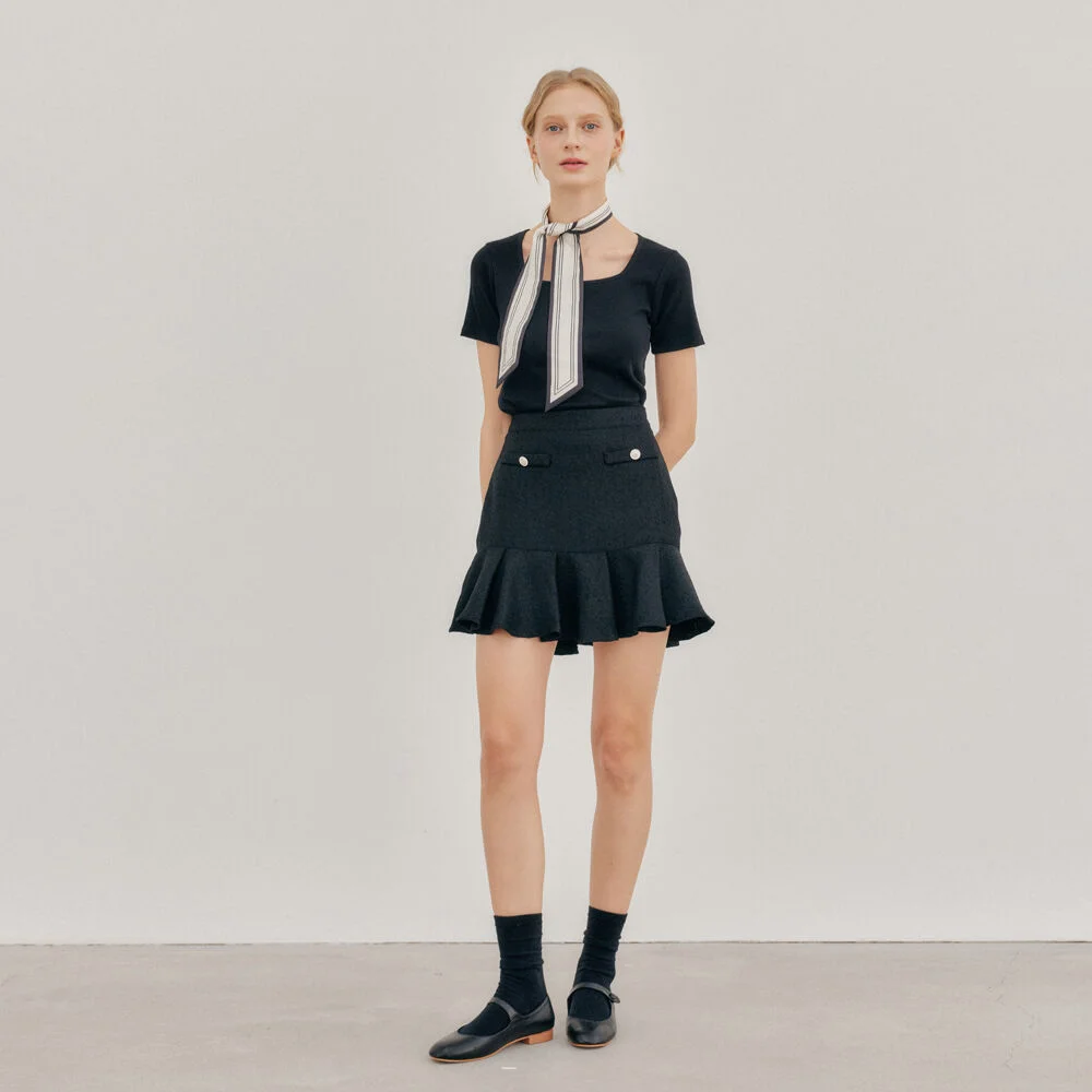TWEED SHIRRING SKIRT_BLACK