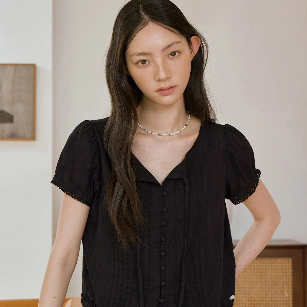女裝 細褶 短袖 雪紡衫 黑色