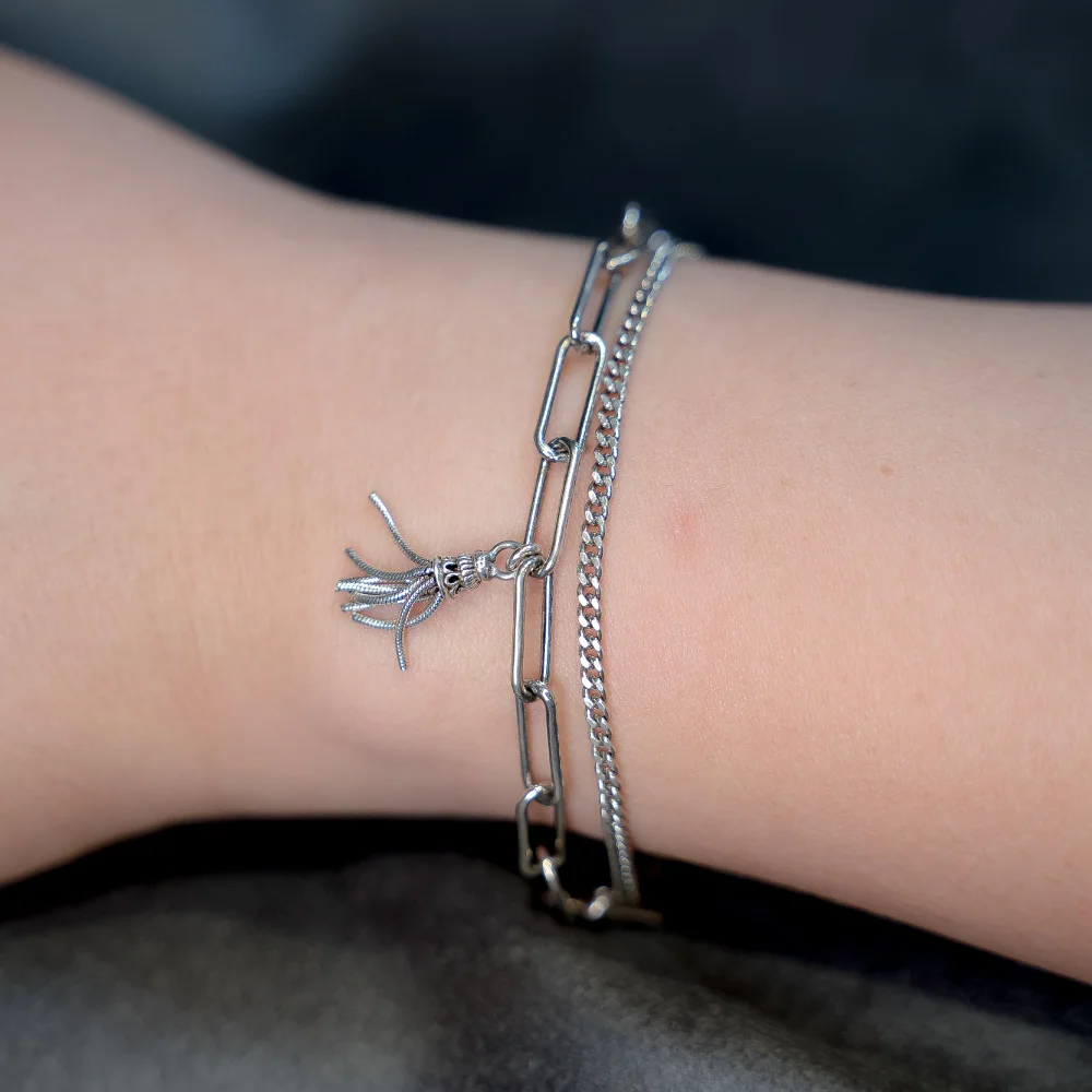 HR 155B_Silver Double Chain Tassel Bracelet (Silver 925)