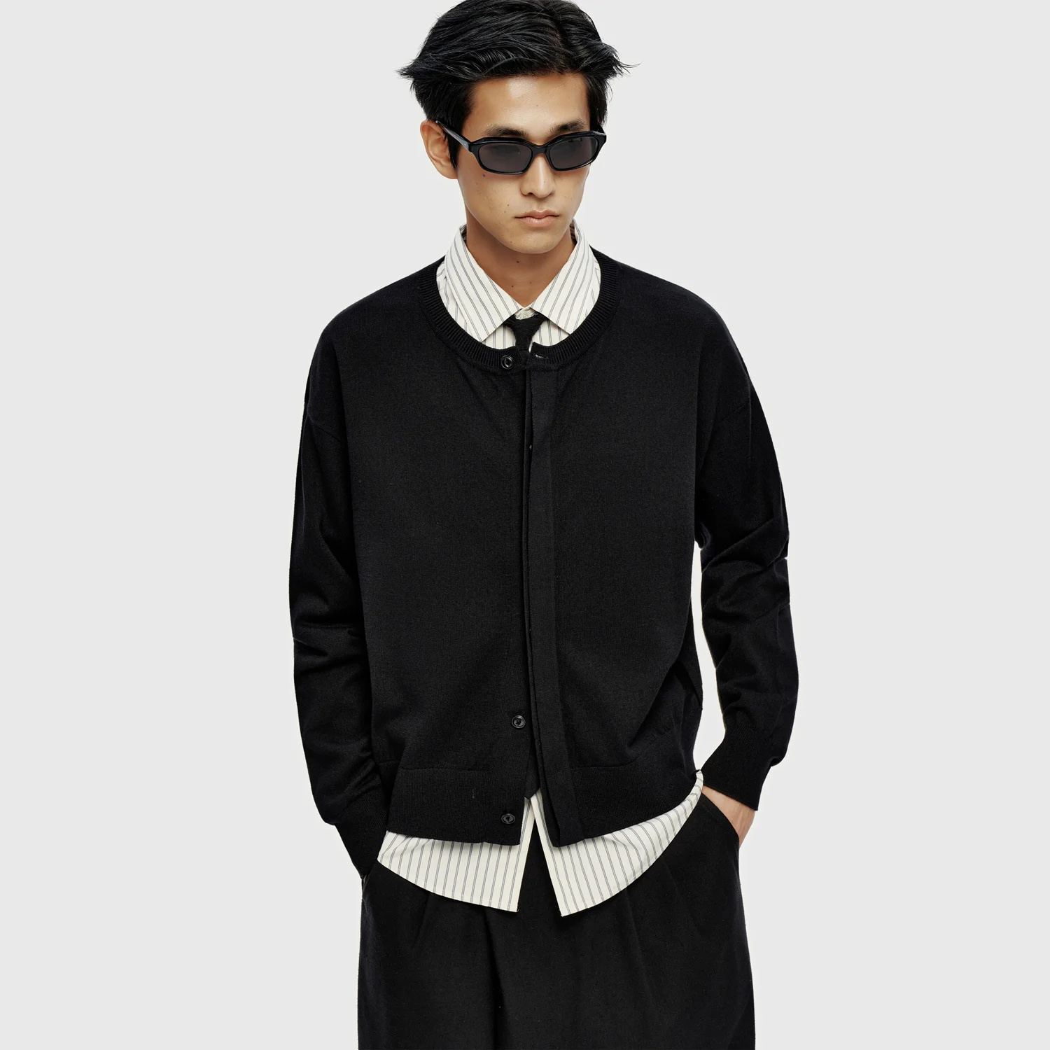 Hidden Button Round Neck Cardigan - Black