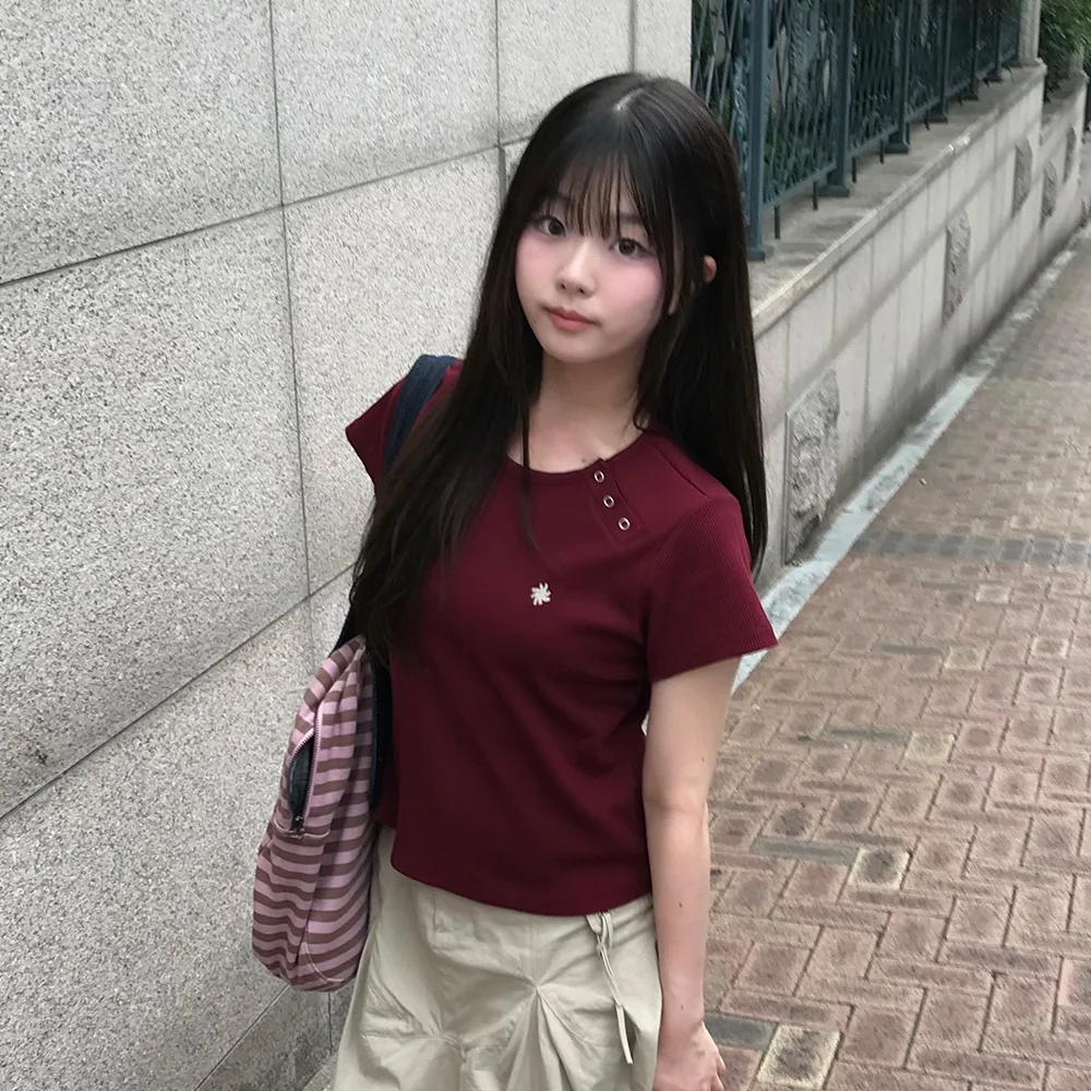 亨利領 孔眼 T恤_酒紅色