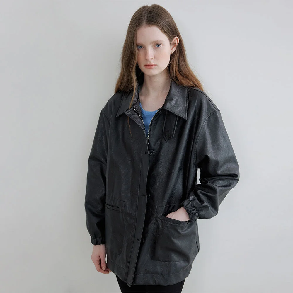 Faux leather bizo collar over jacket_Black