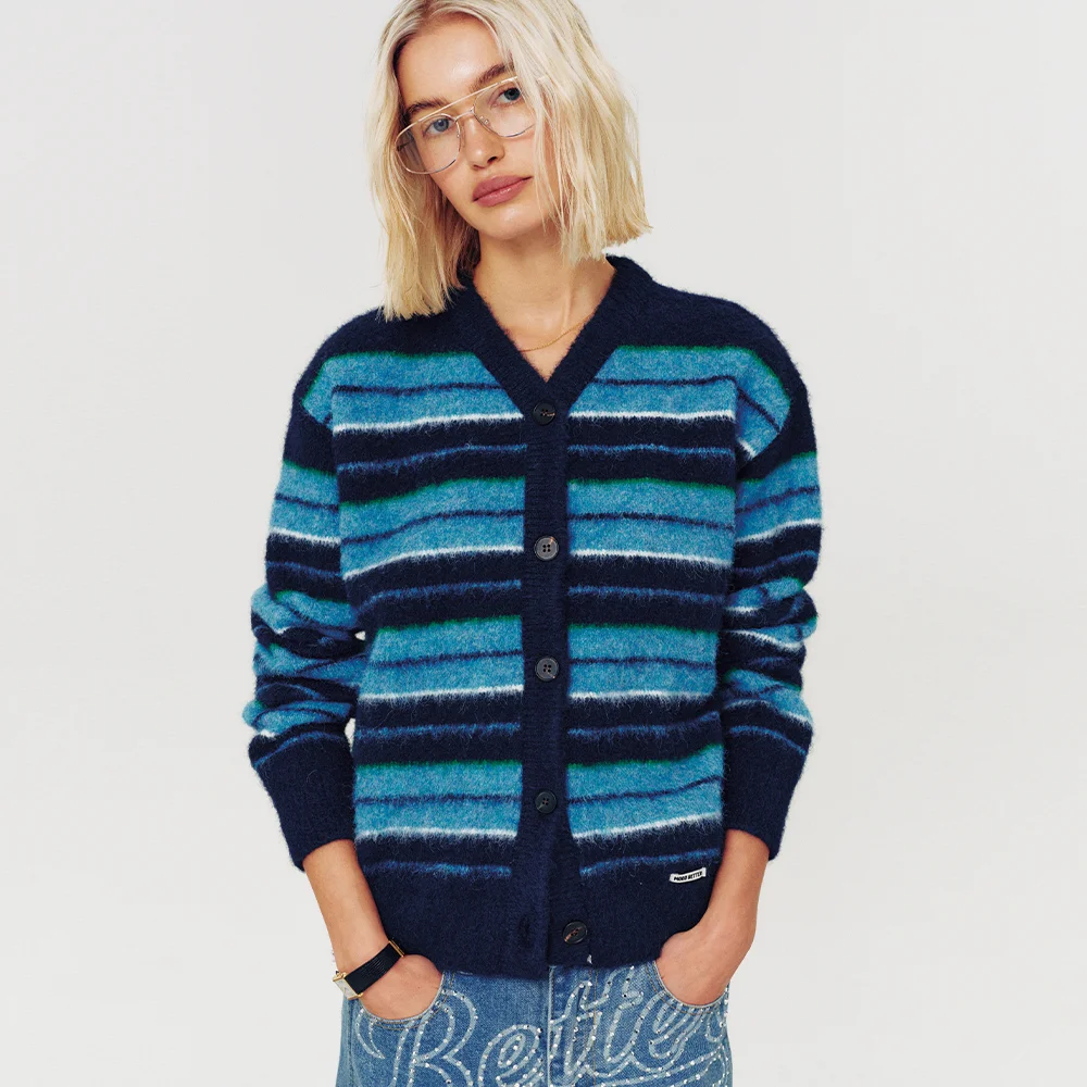 HAIRY STRIPE KNIT CARDIGAN BLUE