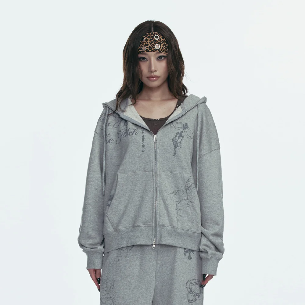 TATTOOED GRAPHIC HOOD ZIP-UP_GREY