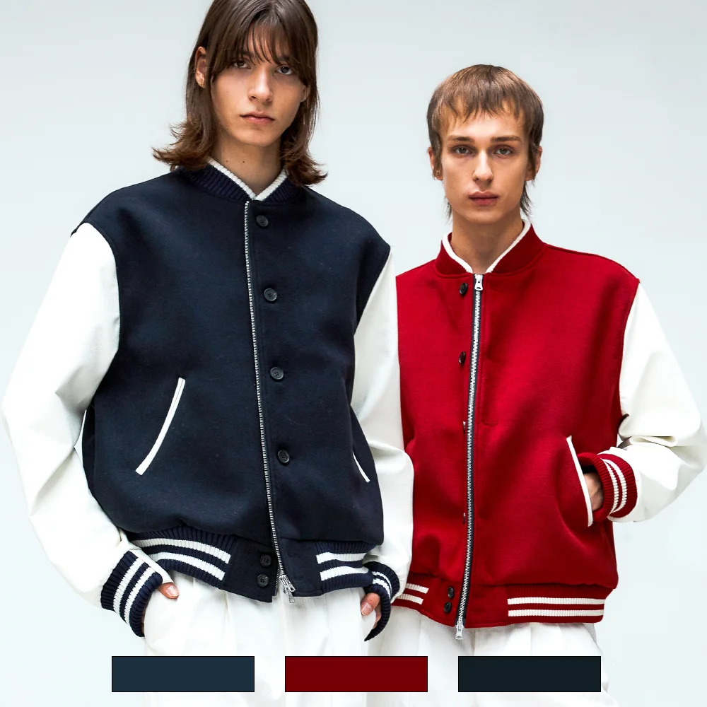 雙 鈕扣 拉鏈 羊毛 棒球外套 外套 - 3COLORS