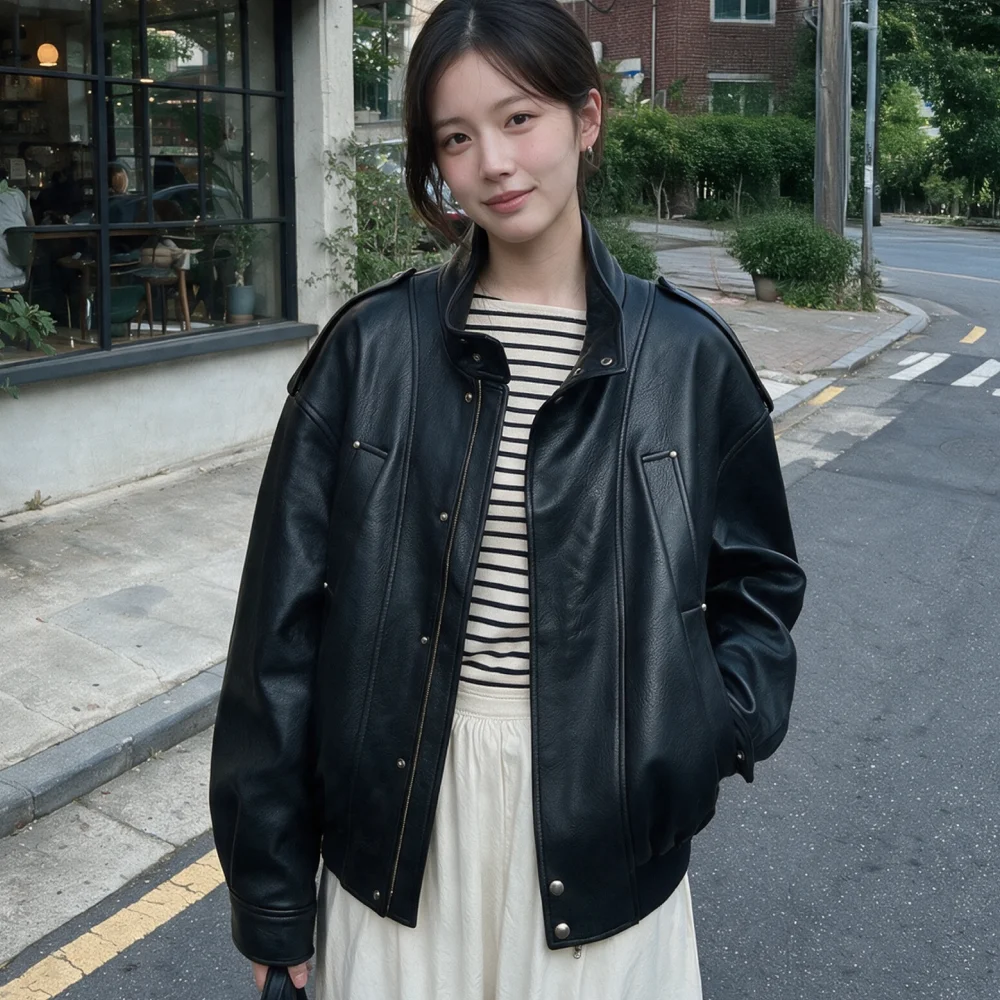 UNISEX, 4 Pocket Oversized Leather Blouson / Black