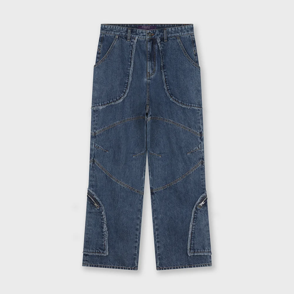 CUT OUT CURVED POCKET JEANS BLUE