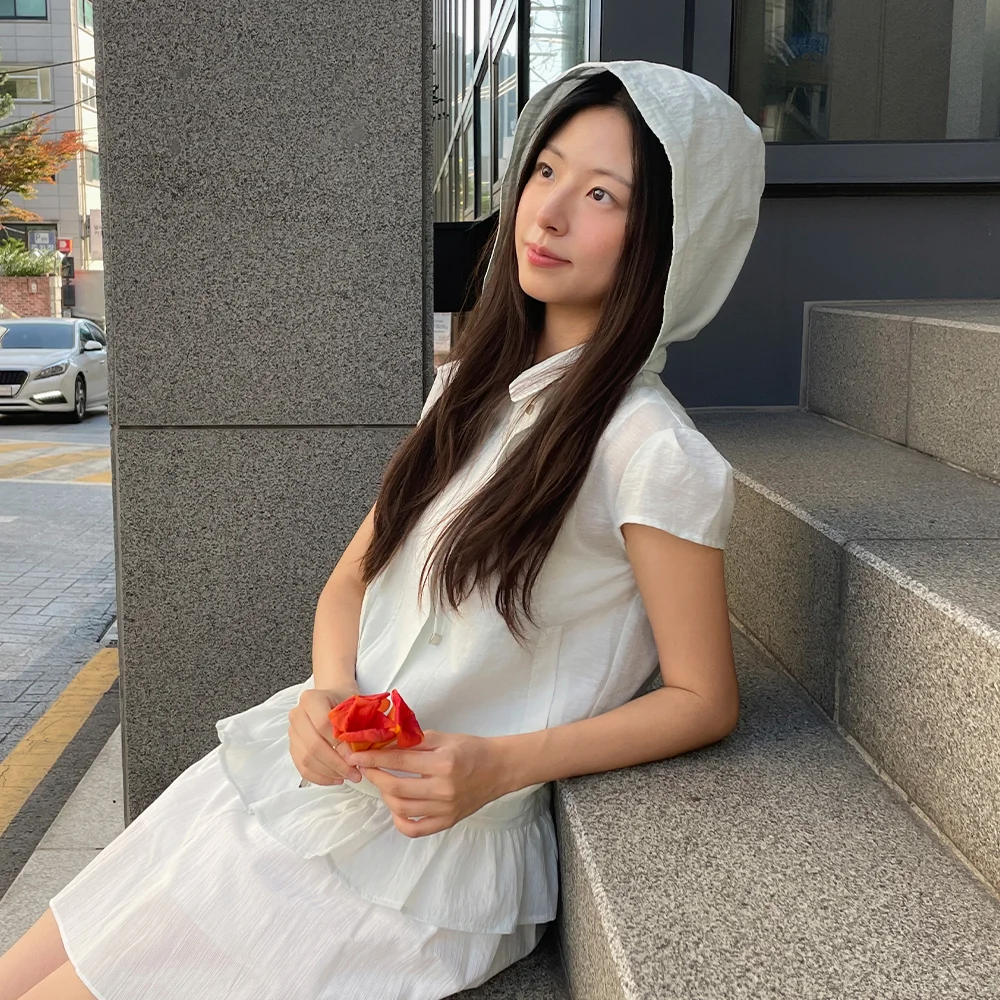 Sheer texture frill hood blouson - ash blue