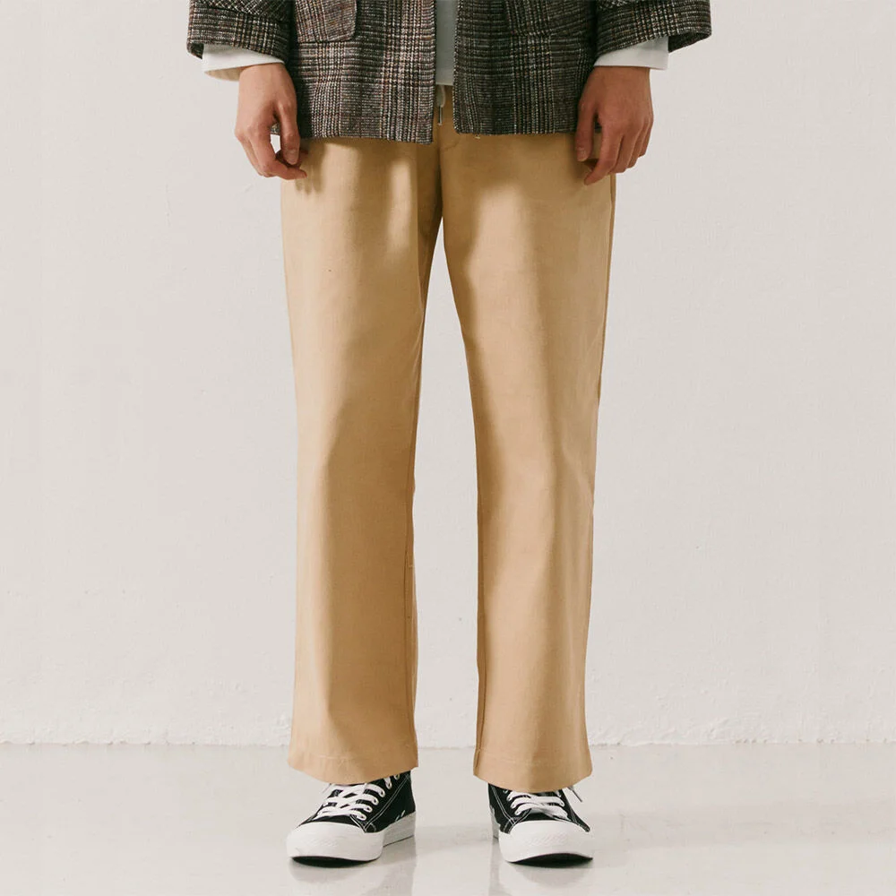 (Unisex)完美 寬版 鬆緊帶 褲子_BEIGE