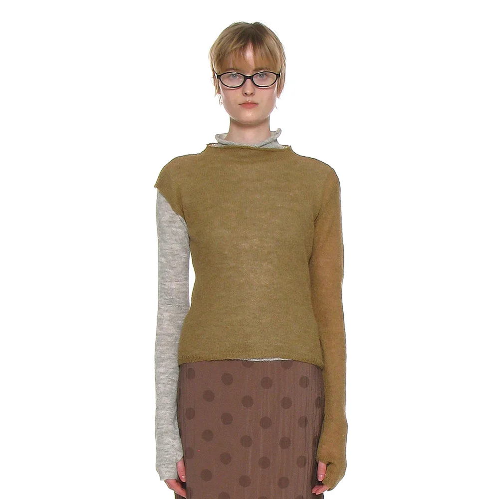 DOUBLE LAYERED MOCK NECK KNIT TOP_BEIGE