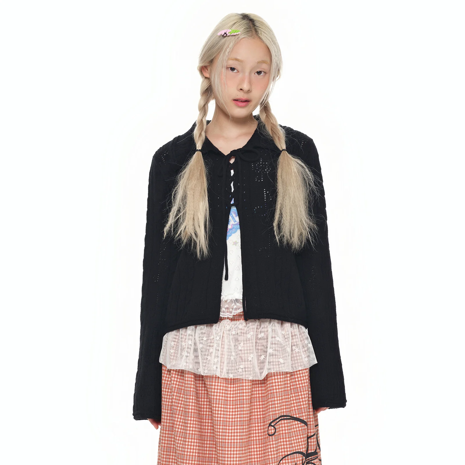 Lace-Up Shawl Collar Cardigan_black