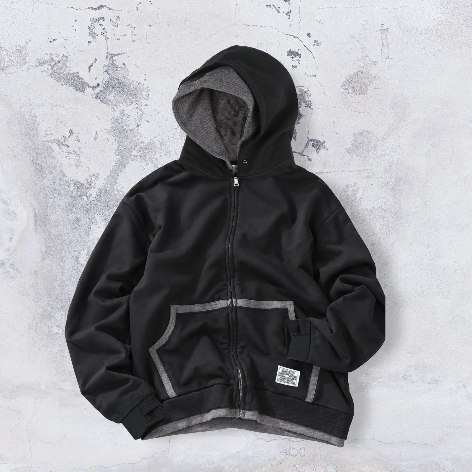 XTT169 拇指孔 華夫格 層次 短版 連帽衫 拉鏈 (BLACK)