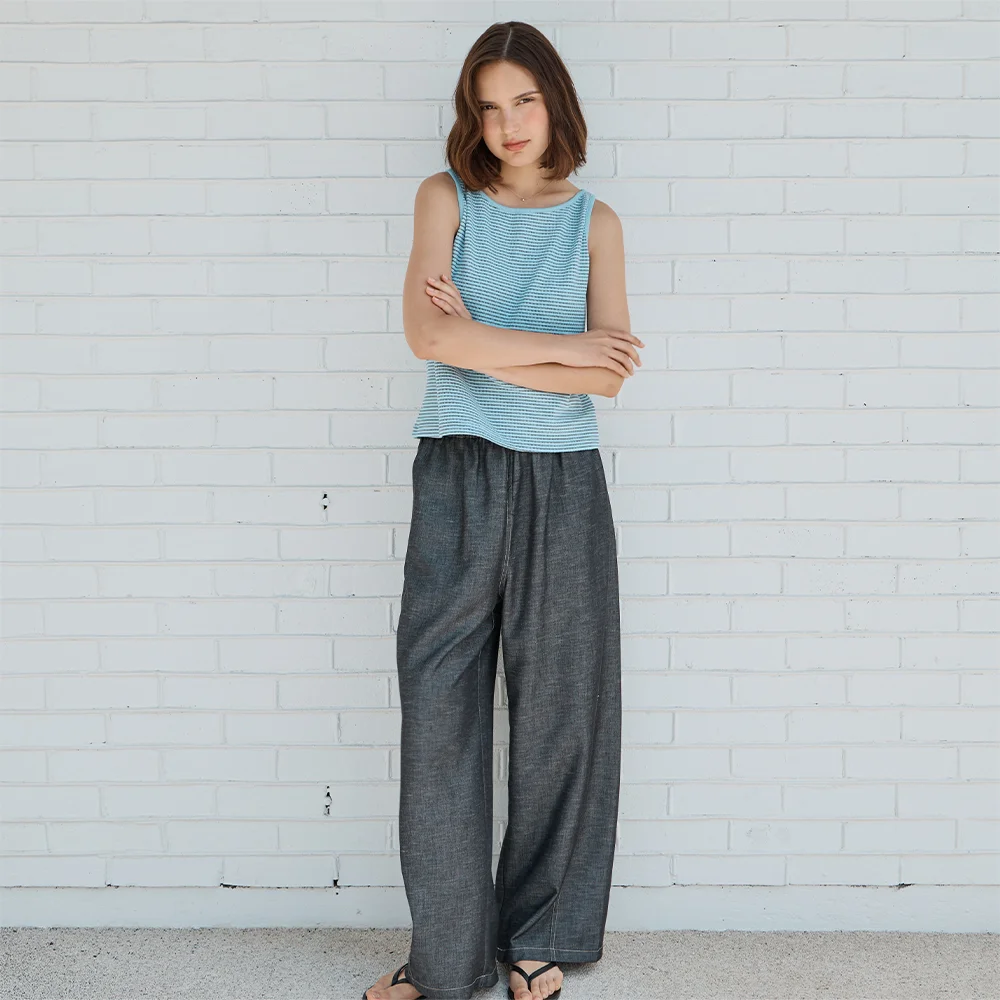 Wide Linen Banding Pants _Denim