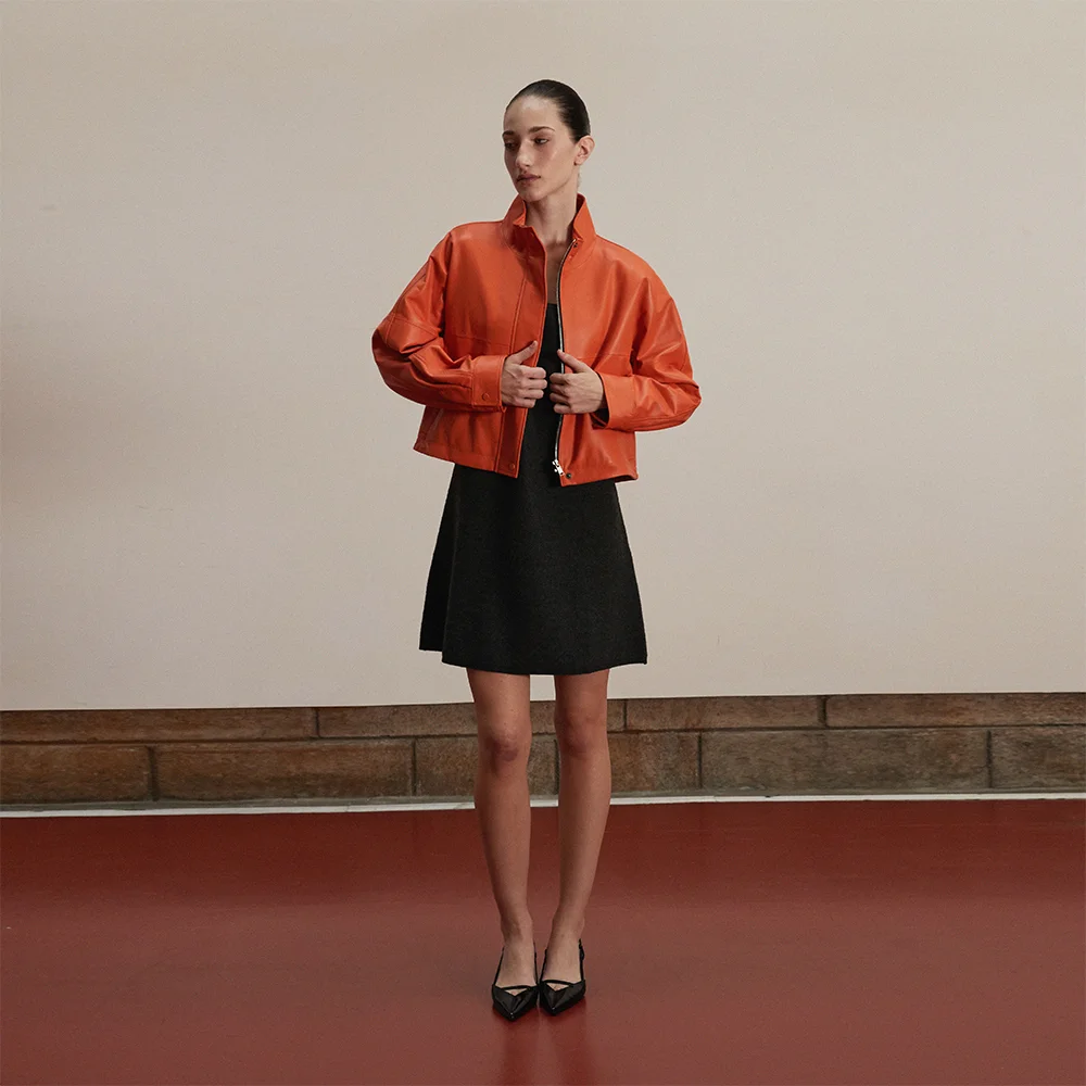 Nappa Lambskin High-neck short jumper_Orangeade