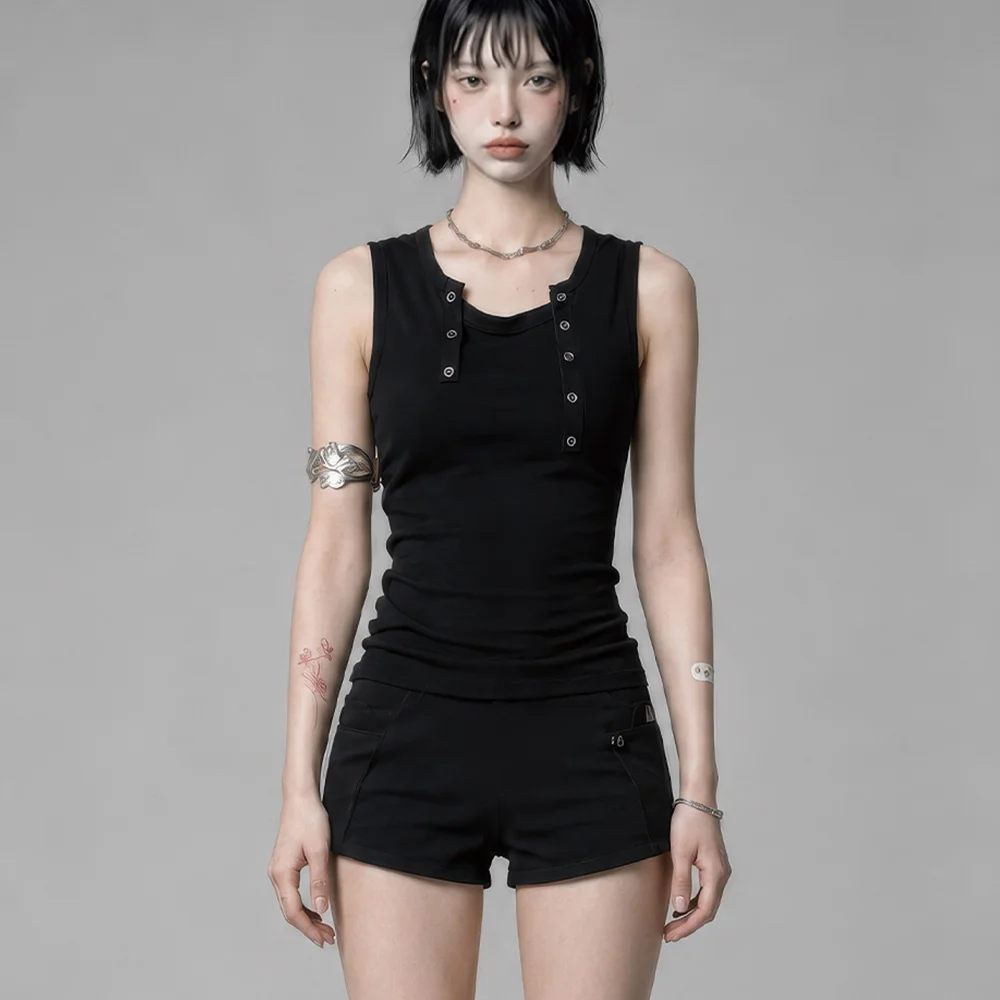 Two-Line Button Short Sleeveless (Black)