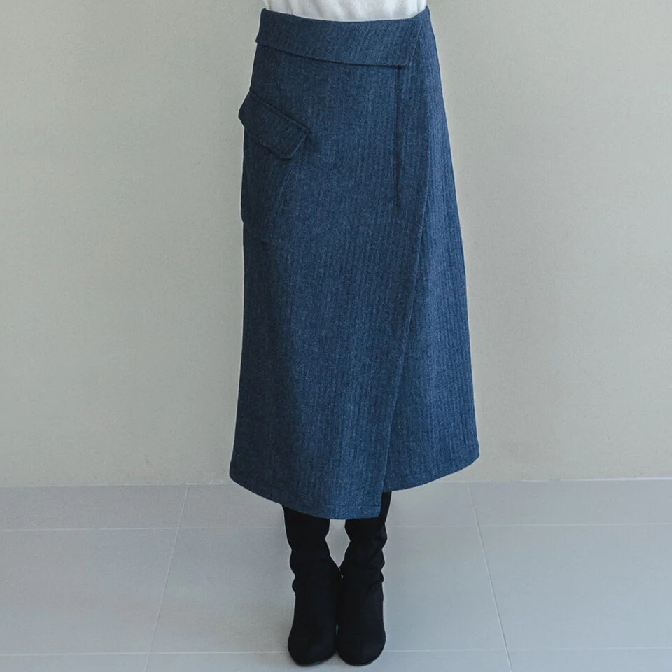 Unbal Pocket Blue Wool Skirt