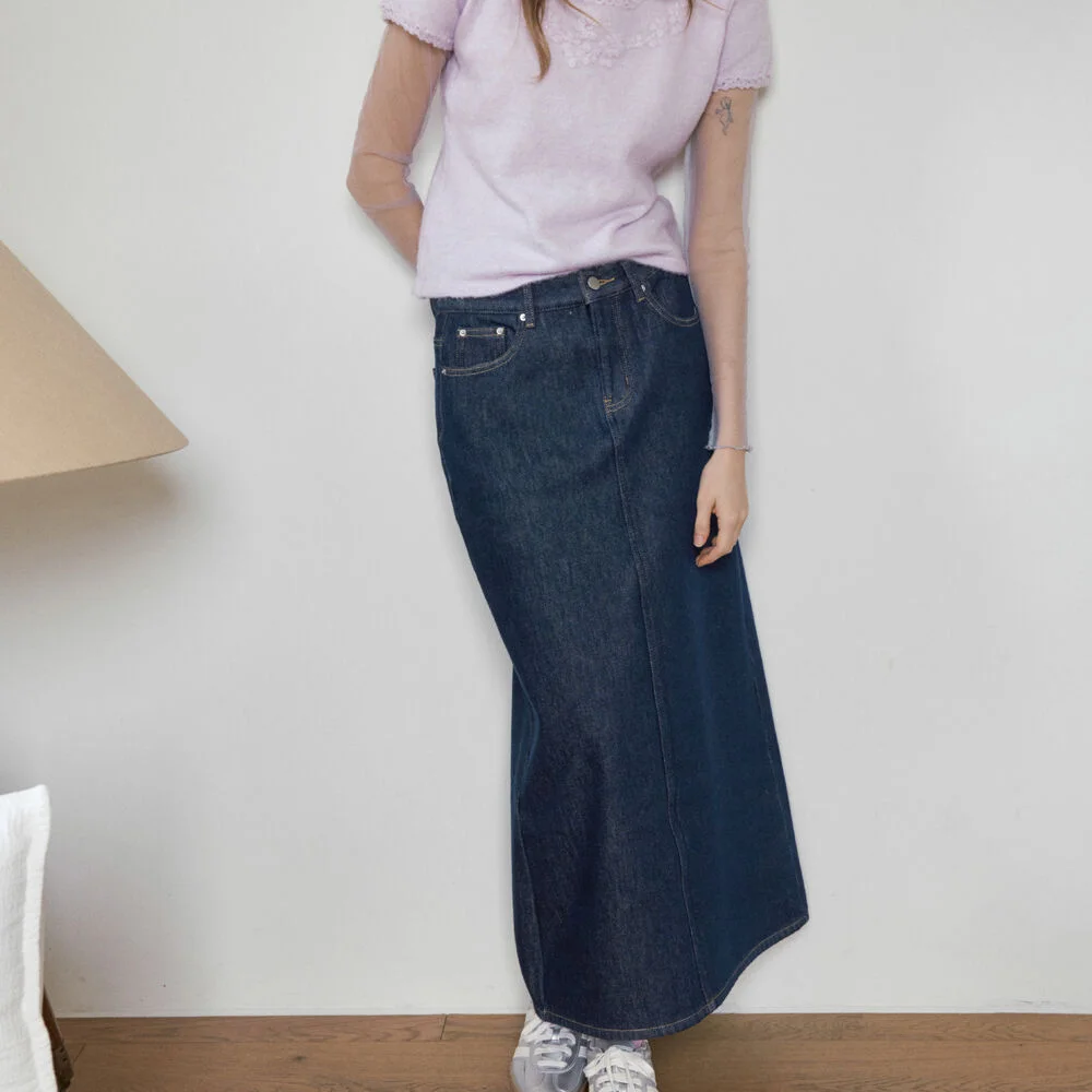 NON-FADE DENIM LONG SKIRT_DARK BLUE