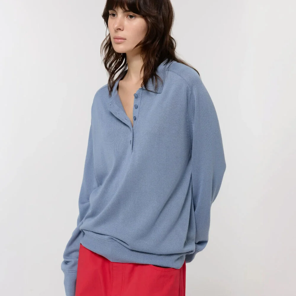 WOOL SILK POLO KNIT / SAND BLUE