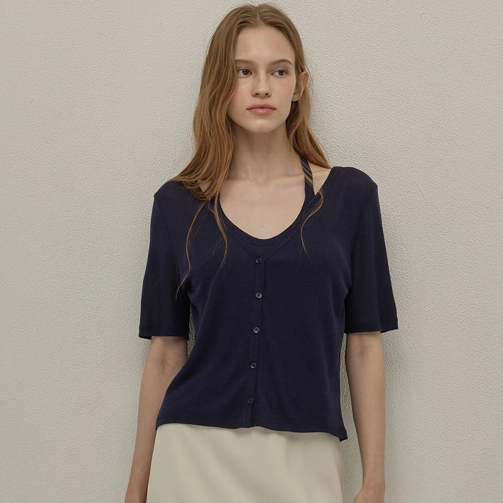 Linen combination cardigan - Navy