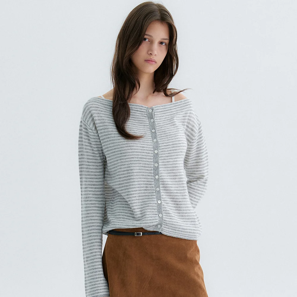 Lane Stripe Button Cardigan - Light Grey