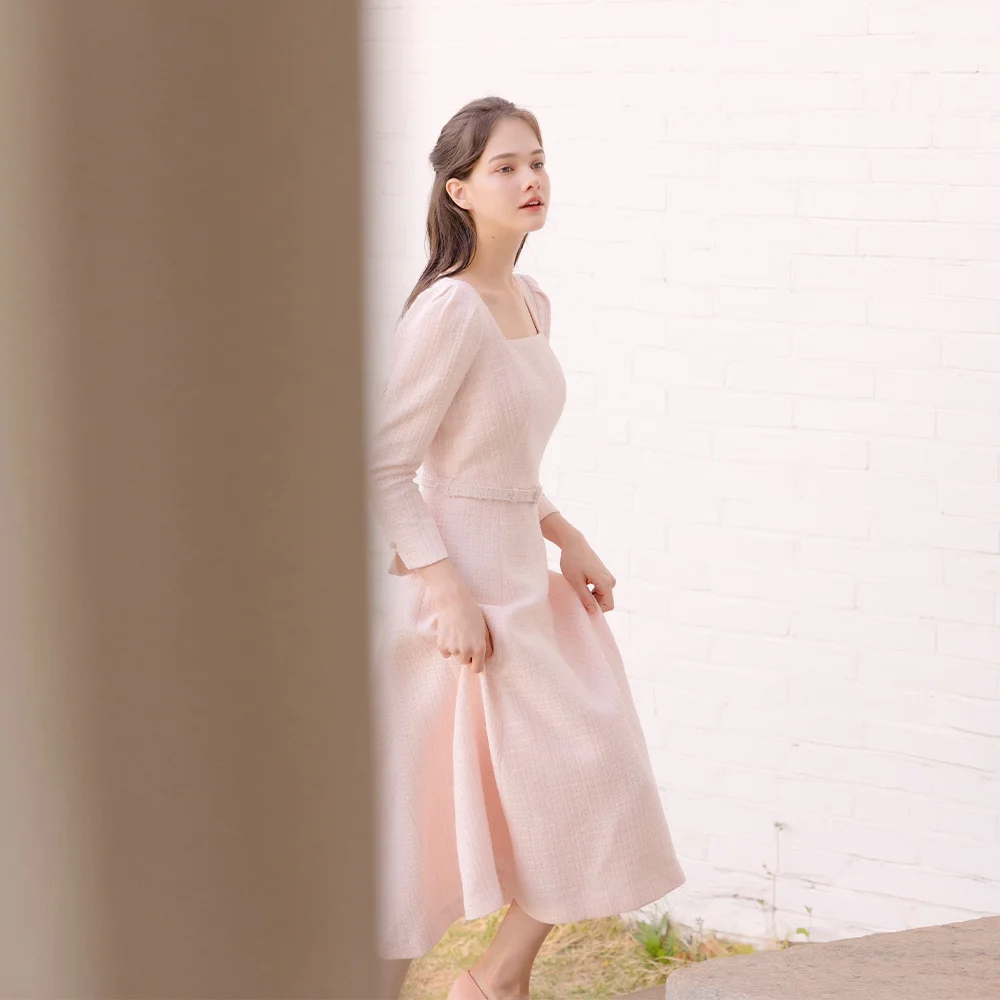 Tweed Square-neck Flare Dress / Pink(3color)