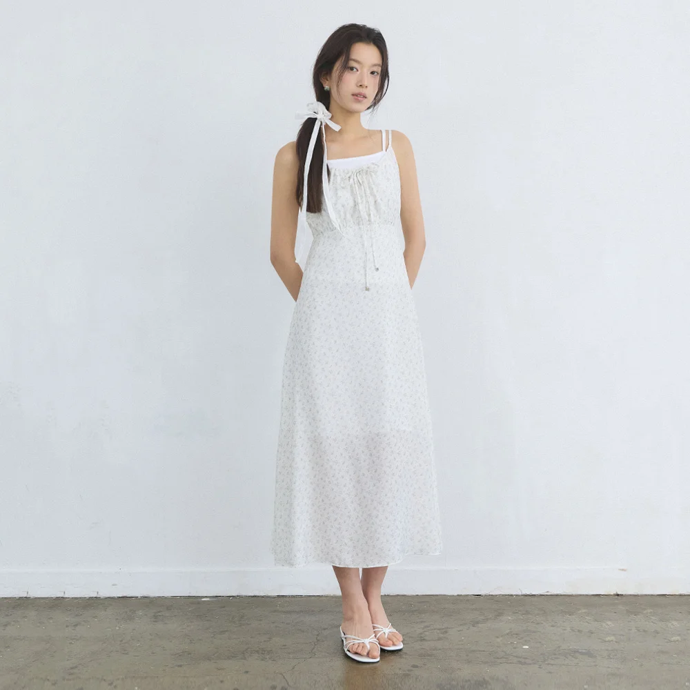 Vintage pattern shirring ribbon dress - white