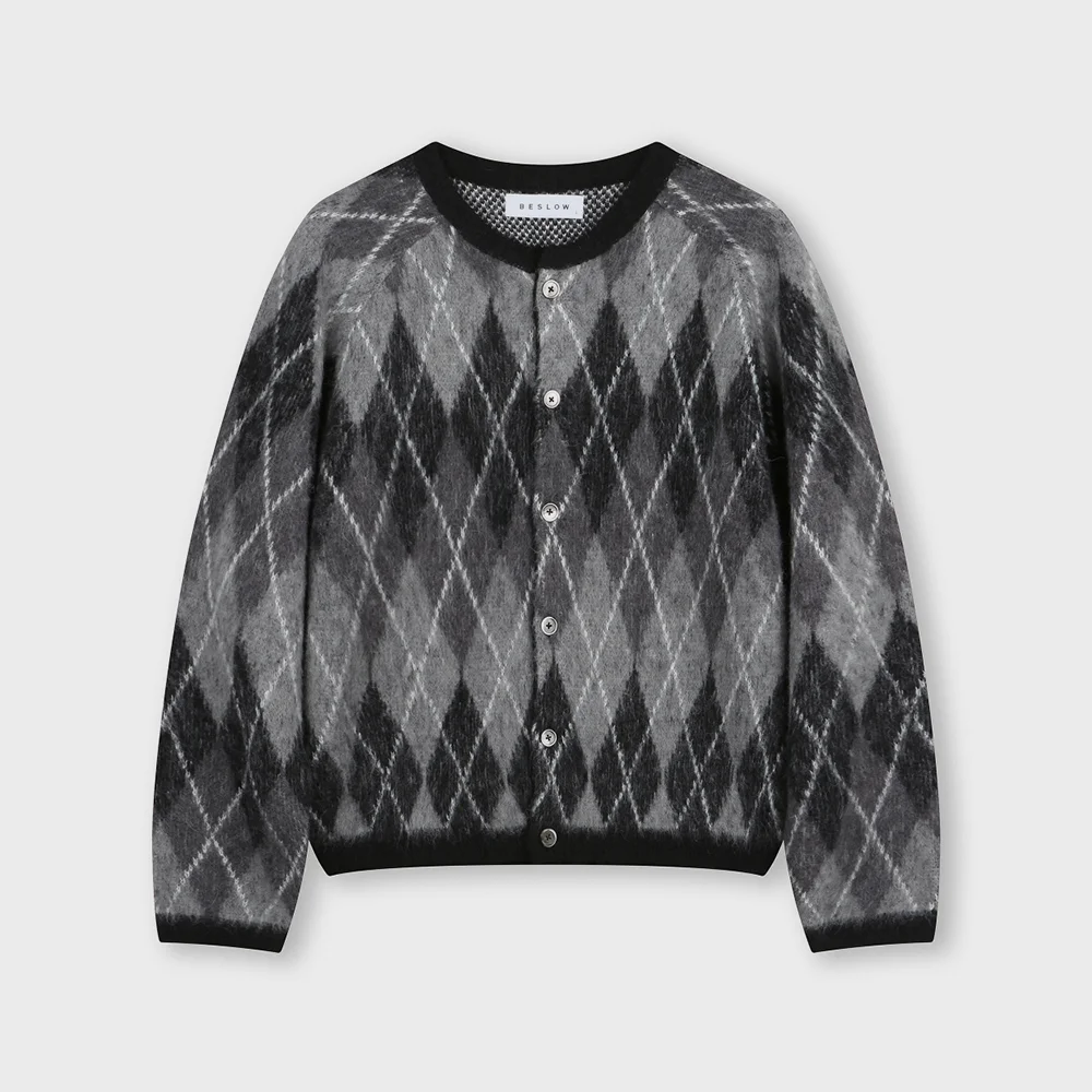ARGYLE CREW NECK SHORT CARDIGAN BLACK