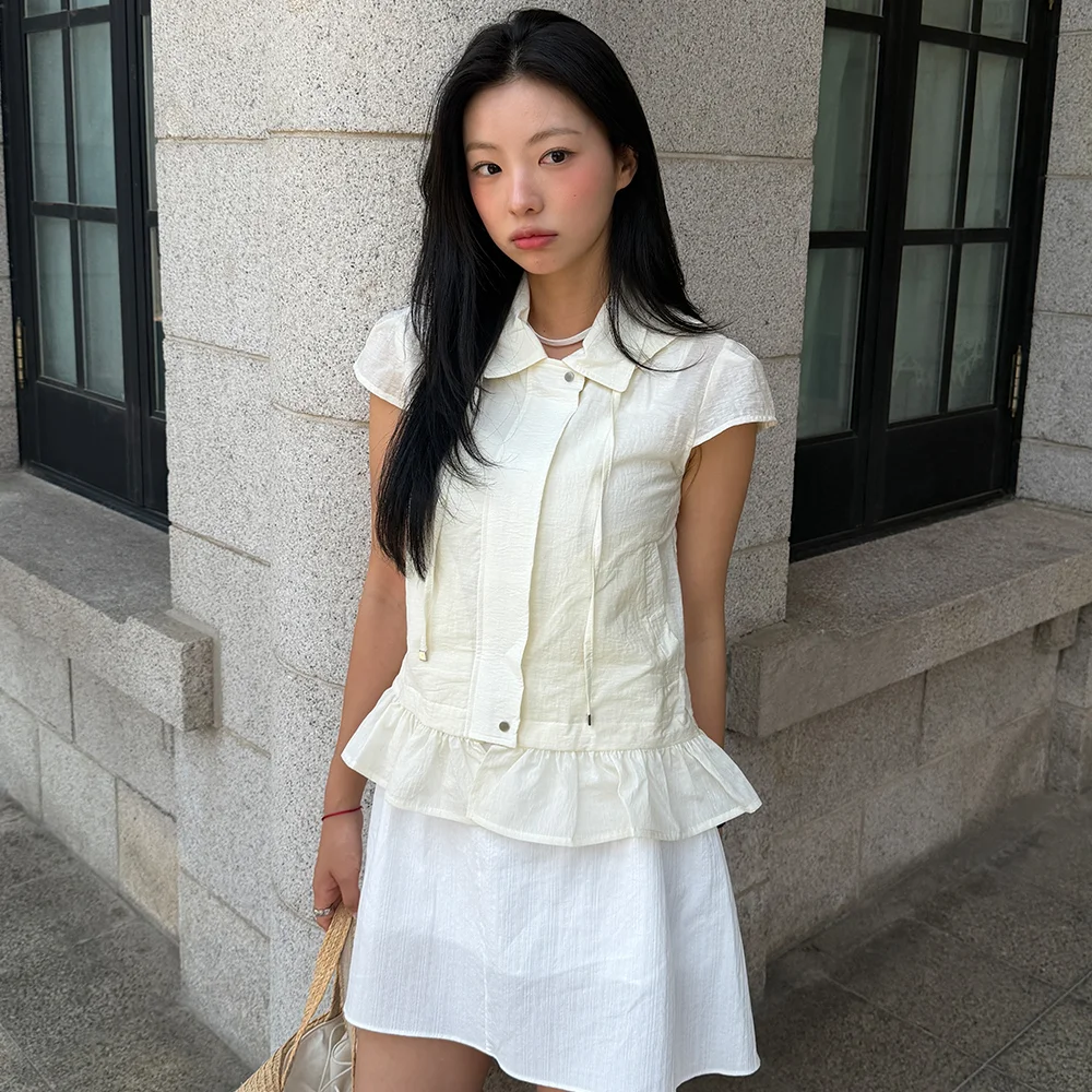 Sheer texture frill hood blouson - cream