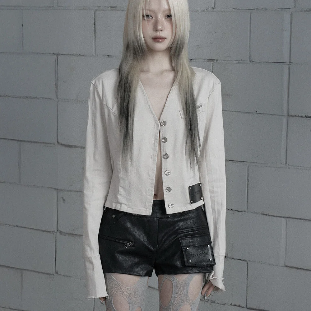 Back Diagonal Eyelet Collarless Crop Jacket (Beige)