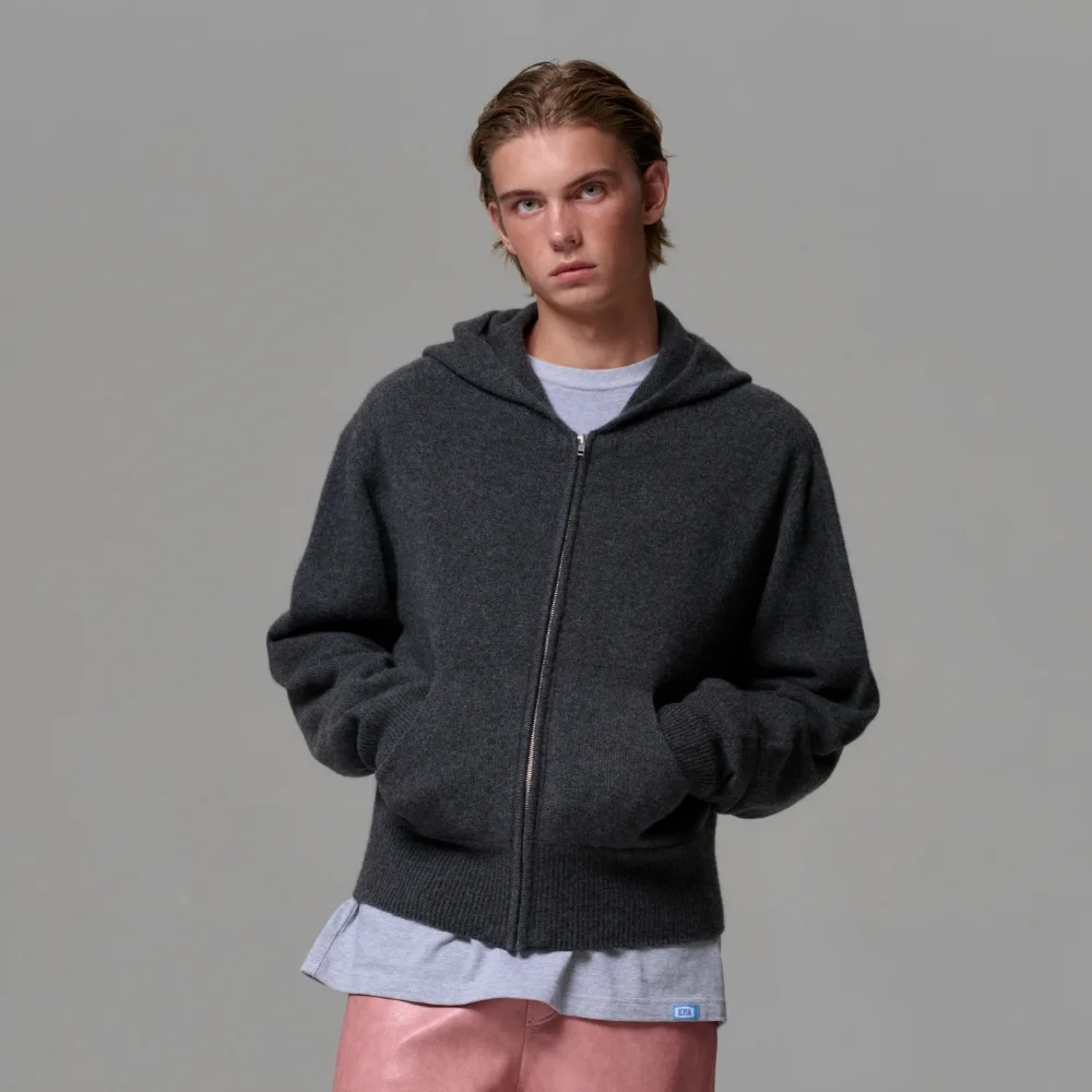 MEN CASHMERE BLEND ZIP KNIT HOODIE - CHARCOAL GRAY