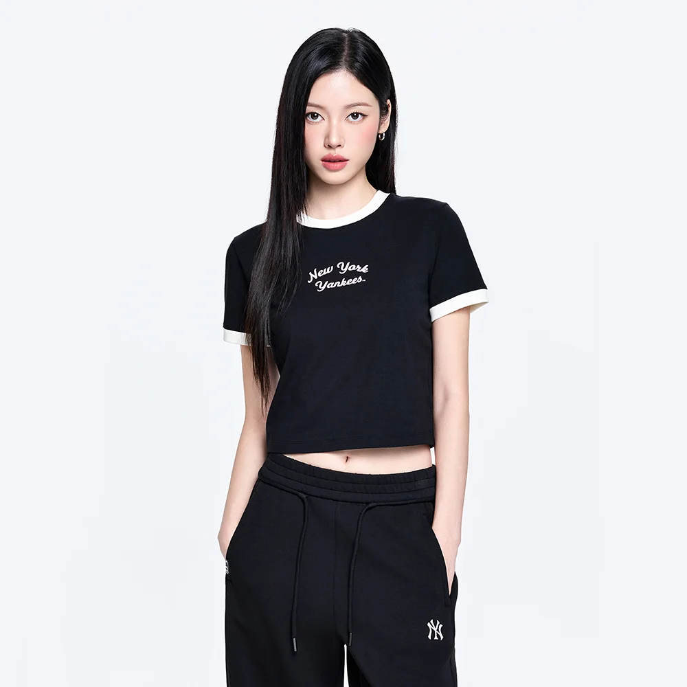 女裝 運動風 字母印花 修身 短版 Ringer T恤 NY (Black)