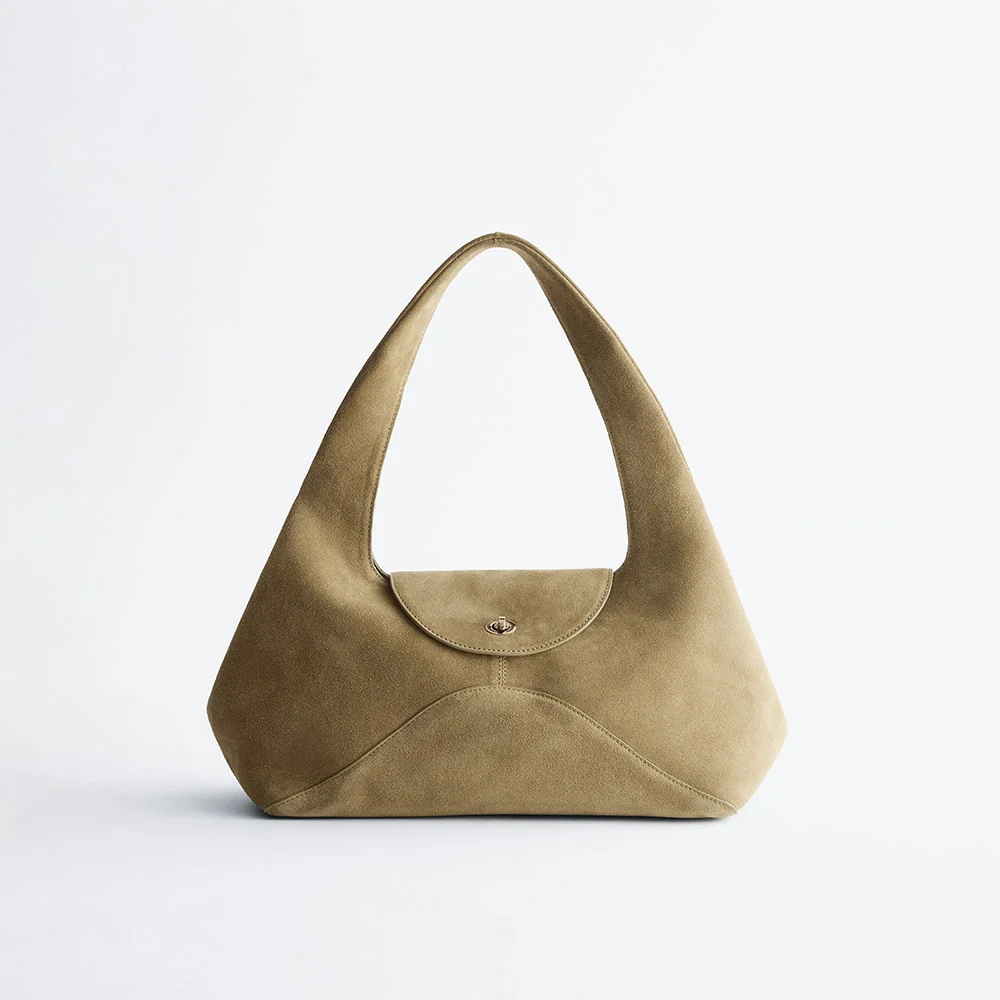 弧形 皮革 單肩袋 (Khaki Green Suede)