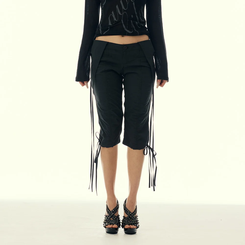 SHIRRING OVERLAP CAPRI PANTS_BLACK