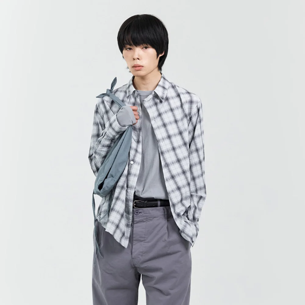 MENS GARMENT DYED CURVED CHECK SHIRT LIGHT GREY