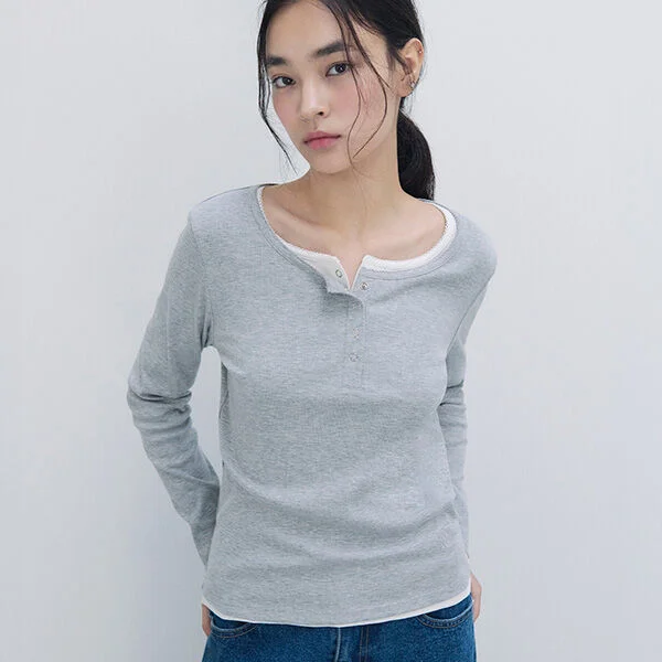 NUBASIC BUTTON LONG SLEEVE T-SHIRT GRAY