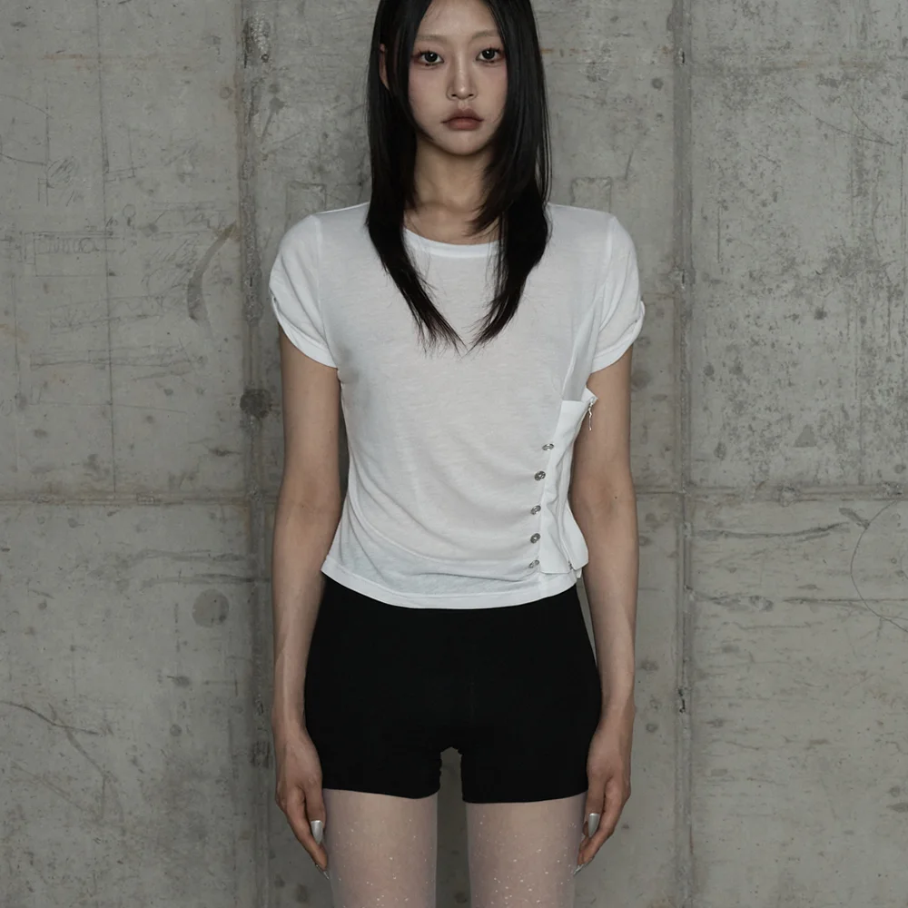 Drape Pintuck Zipper Roll-Up Short Top (Ivory)