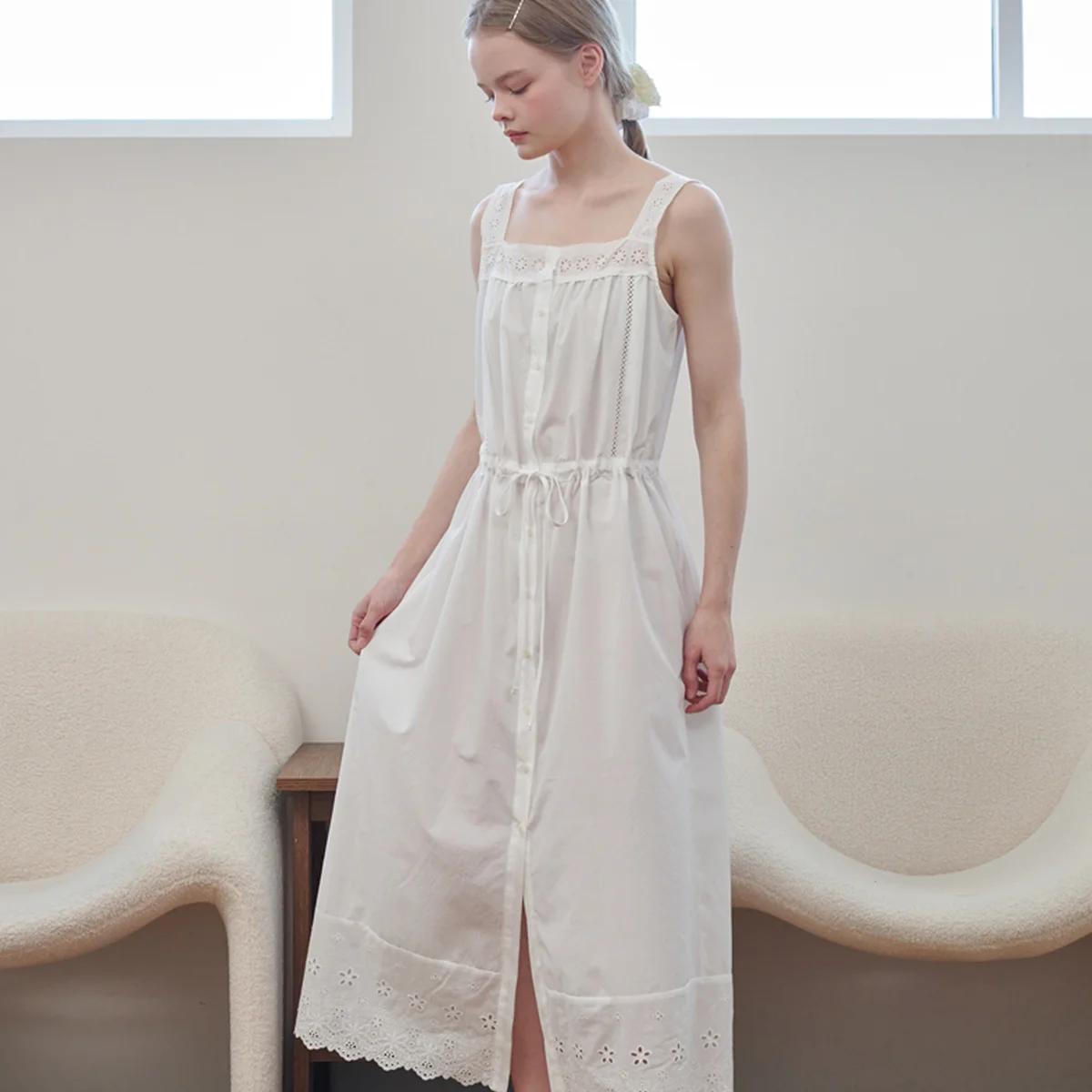 Eyelet Lace Cotton Maxi Dress White