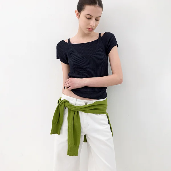 OFF SHOULDER V-NECK LAYERD KNIT TOP (T-7237)
