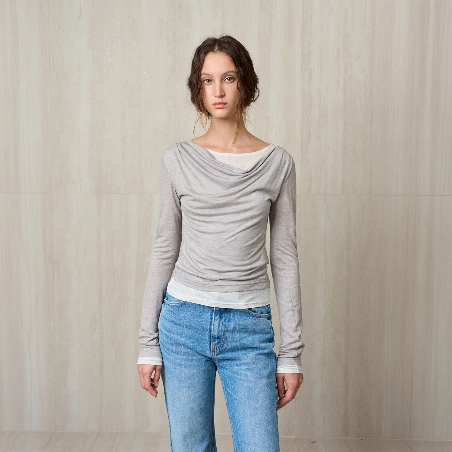 WOOL JERSEY LAYERED TOP MELANGE GRAY