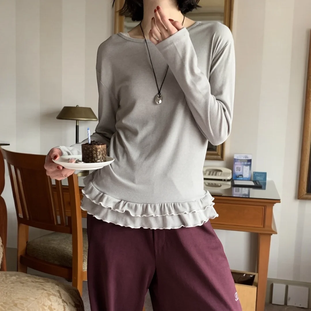 Double Frill Ribbed T-Shirt (Soft gray)
