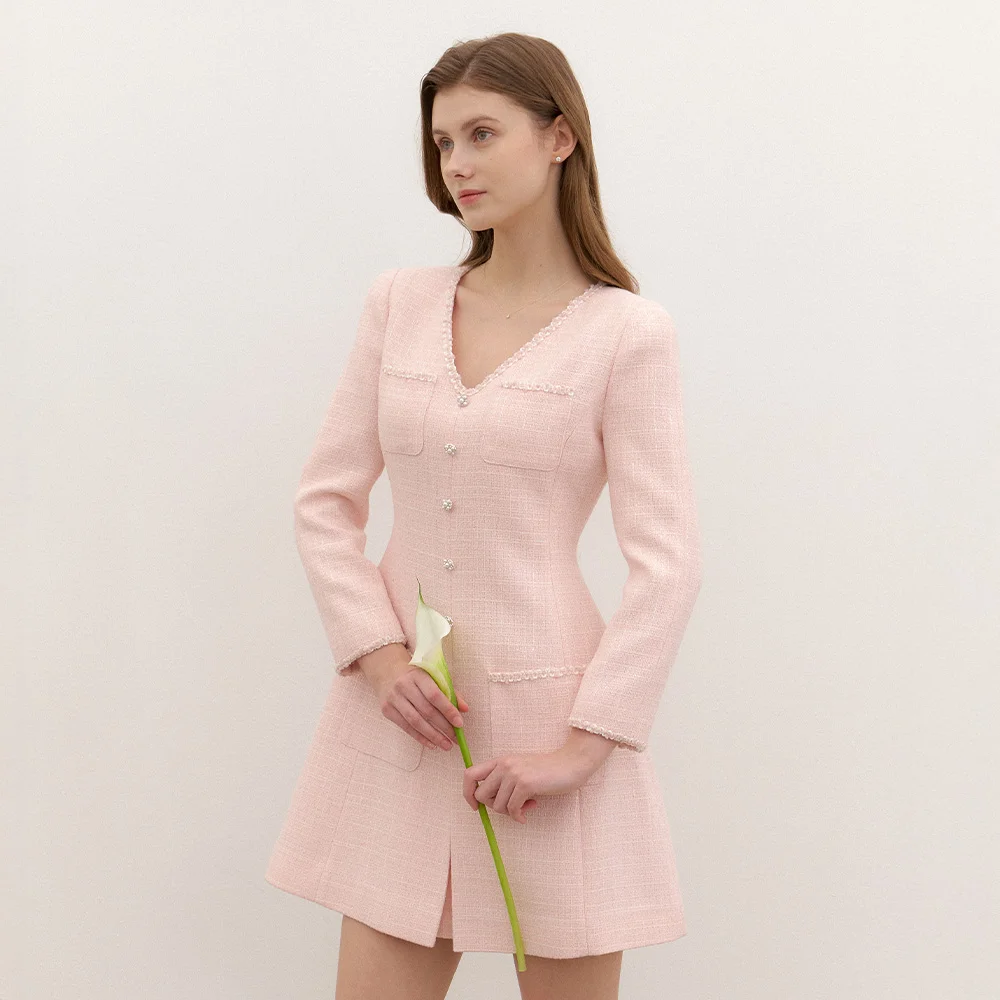 Tweed Pleats Trim Mini-Dress / Pink(3color)
