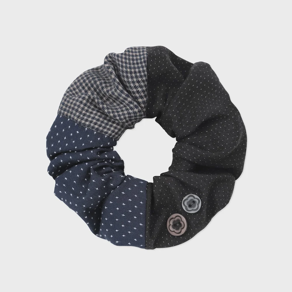 button patchwork hair scrunchie multi charcoal