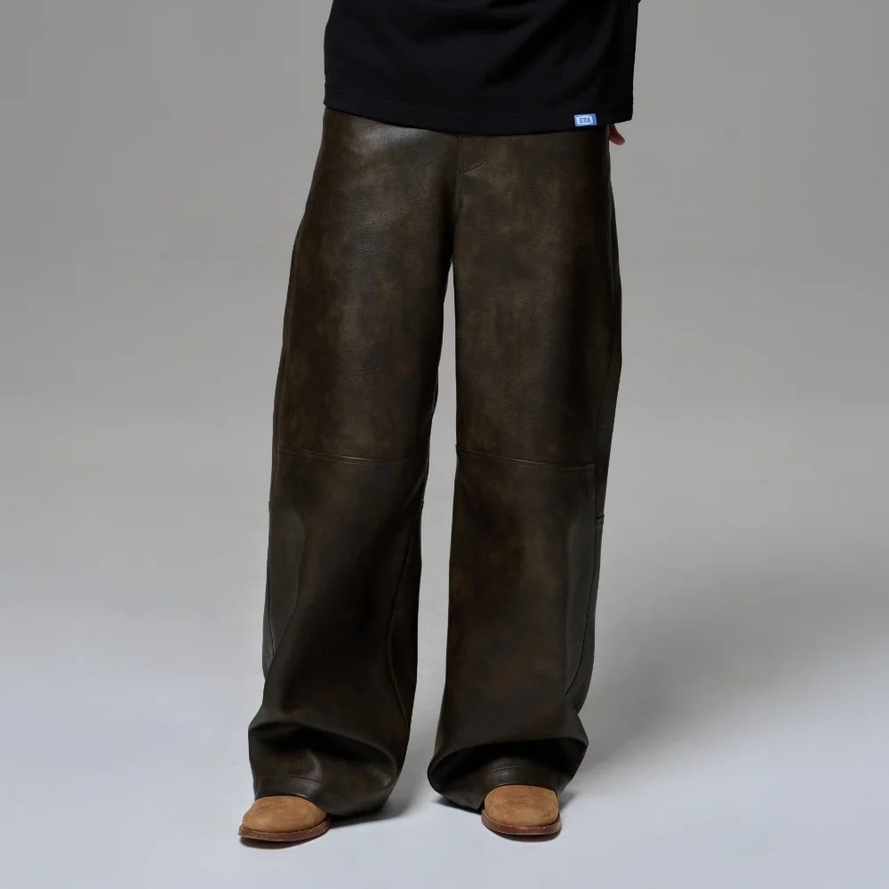 MEN FAUX LEATHER TWO-TONE PANEL PANTS - TOBACCO BROWN