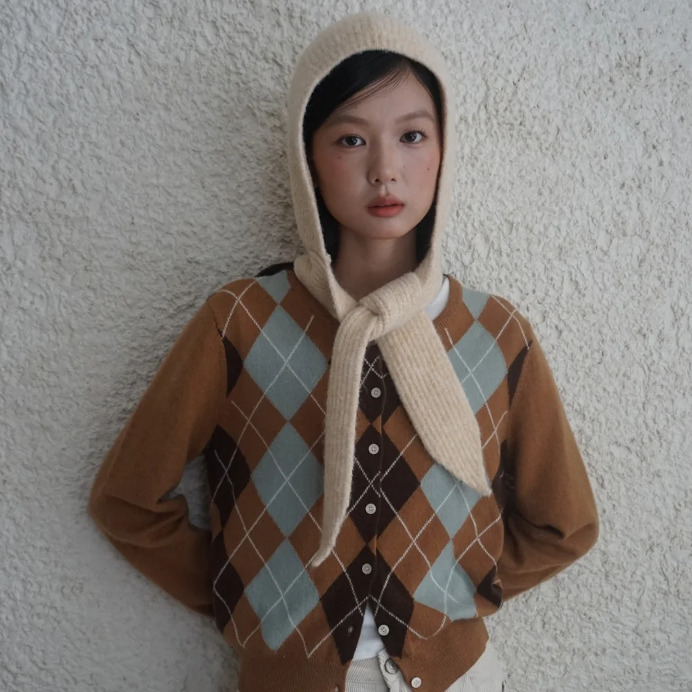 (woman) 菱格紋 羊毛 圓領 開襟外套_Beige