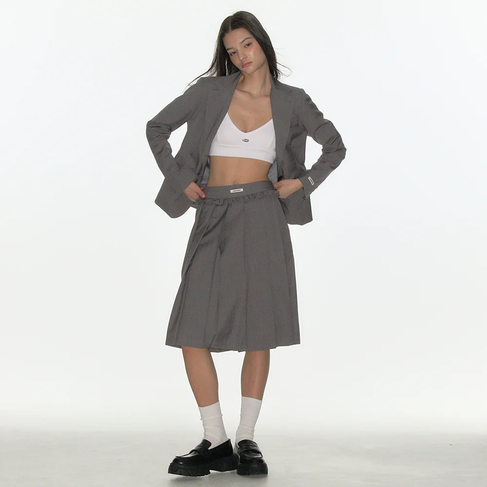 FRILL PLEATS MIDI SKIRT_GREY